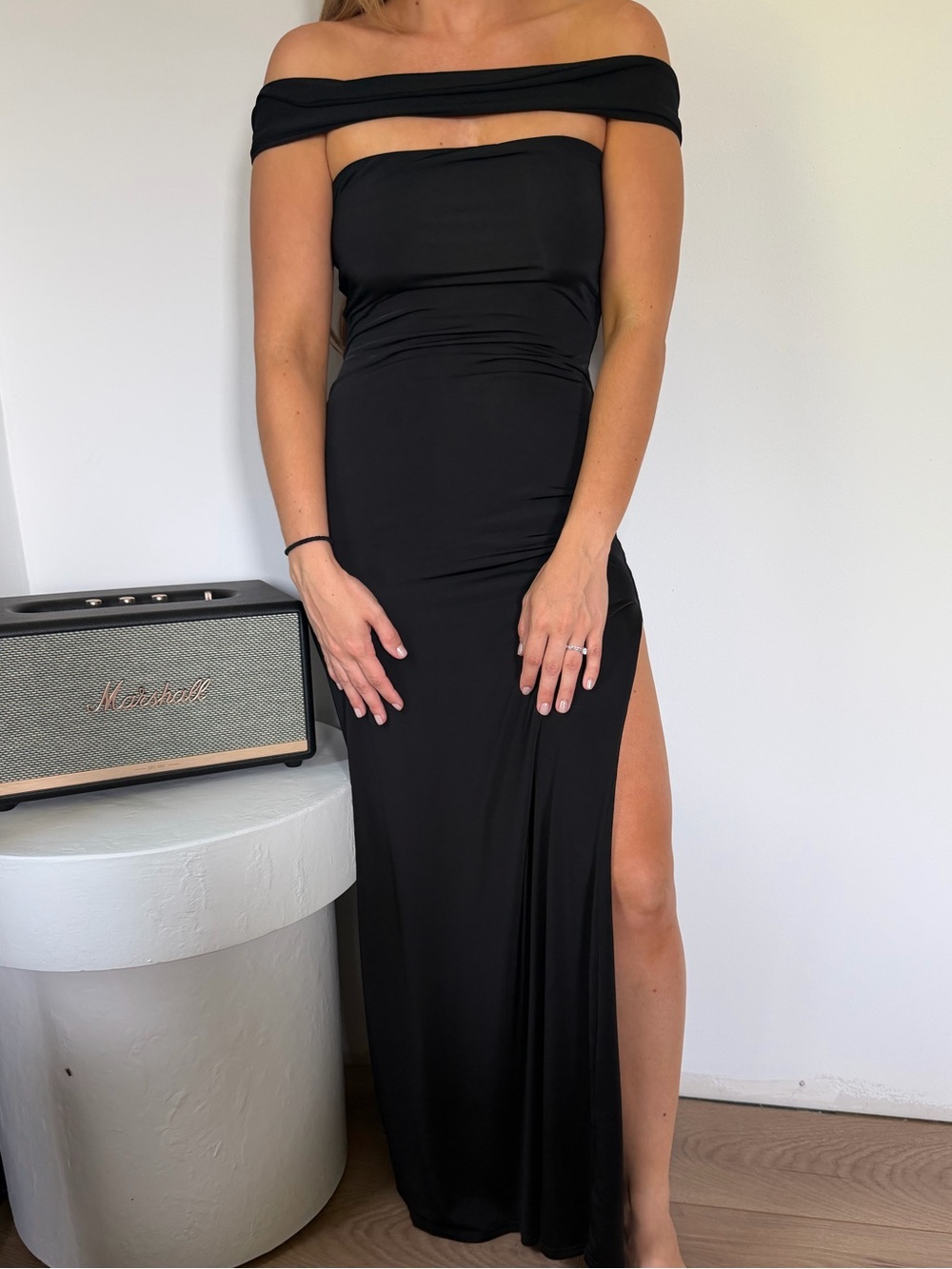 Meshki Black One-Shoulder Maxi Dress with Thigh Slit